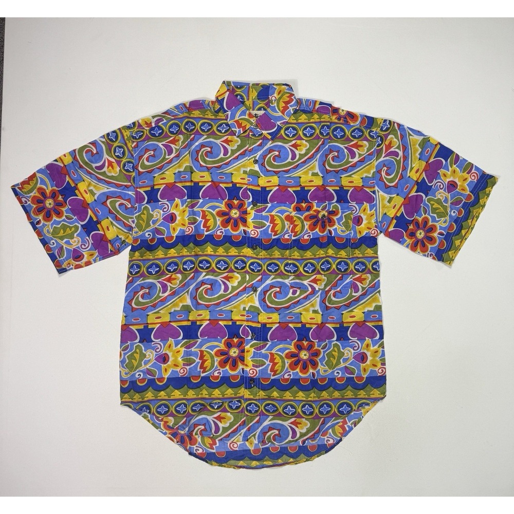 VTG Protest Silk Shirt 80s Beach Surf Mens Medium Oversized Floral Art Colorful